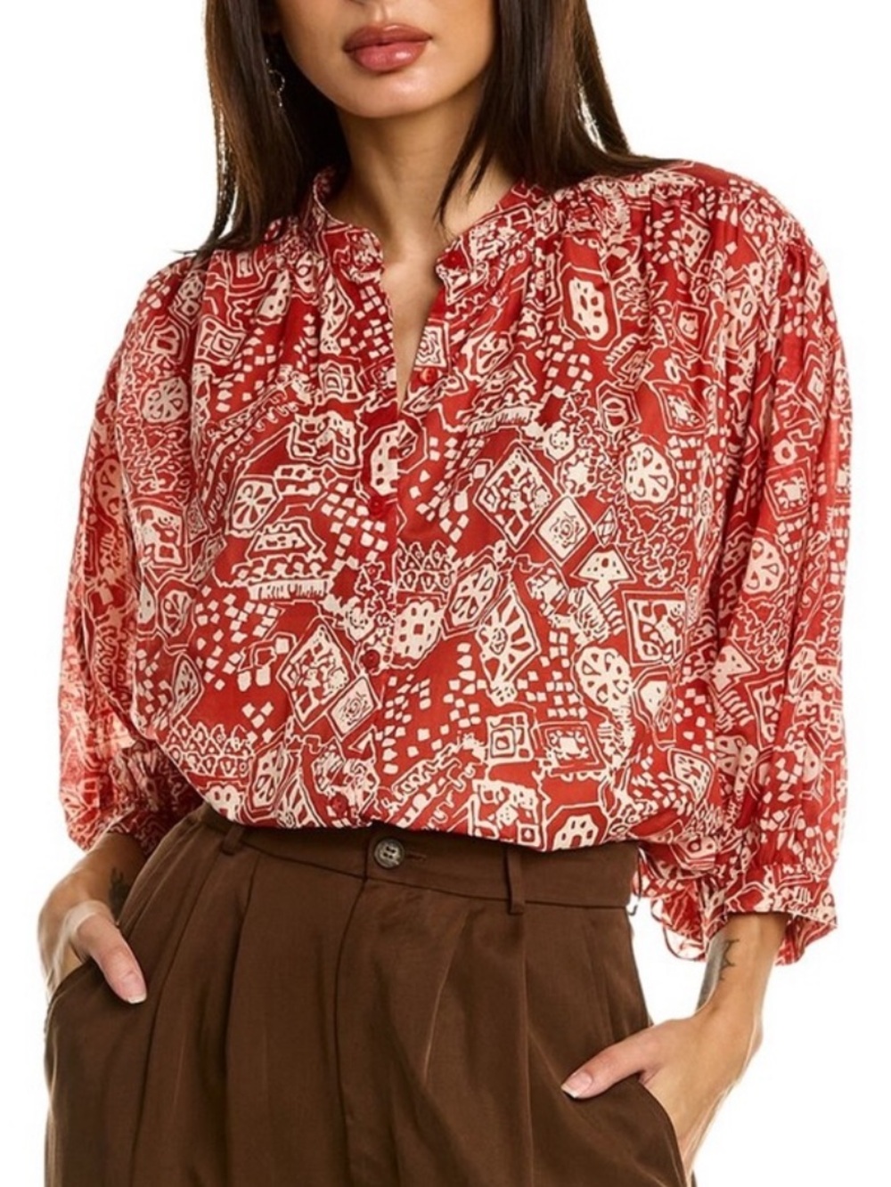 Rebecca Taylor Labyrinth Cotton Button Down Blouse Relaxed Airy M Red Print Boho